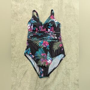 NWT Aqua Green One Piece Floral Bathing Suit Women's Size L Tropical Beach Pool